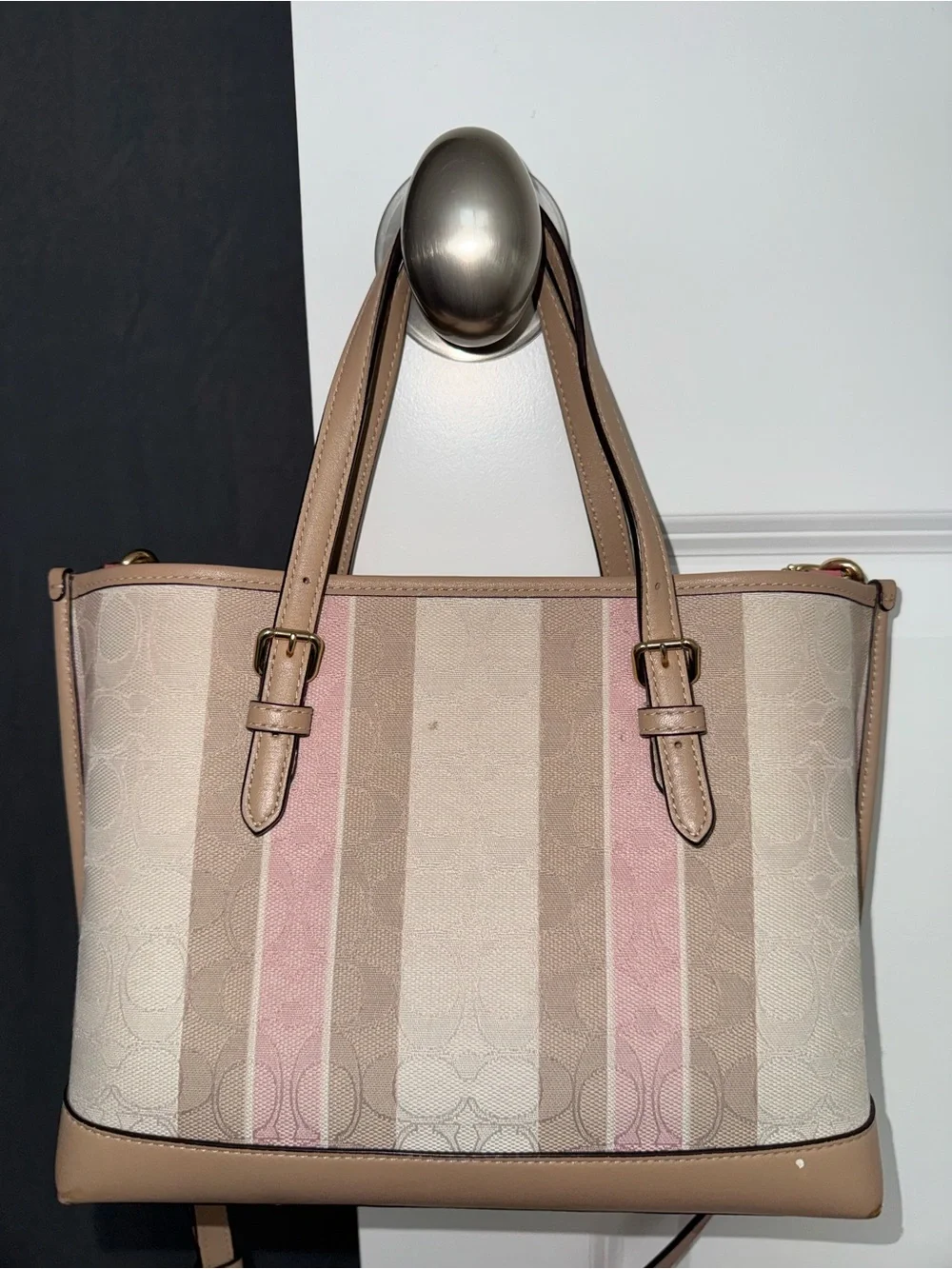 COACH Heritage Signature Horse Stripe Tote Pink & Beige
